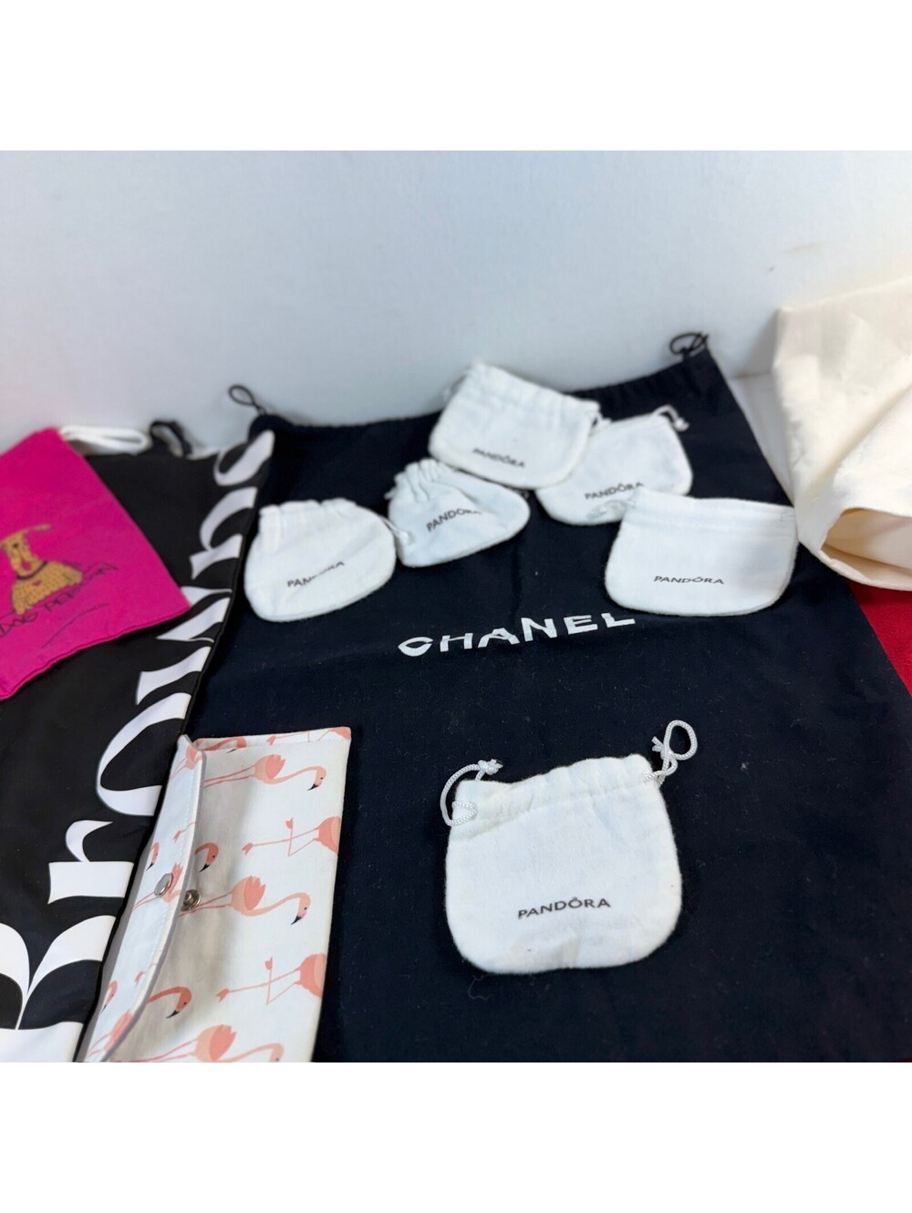 Lot of 12 Designer Dust Bags Pouches Chanel Pandora Louboutin UGG Storage C-7